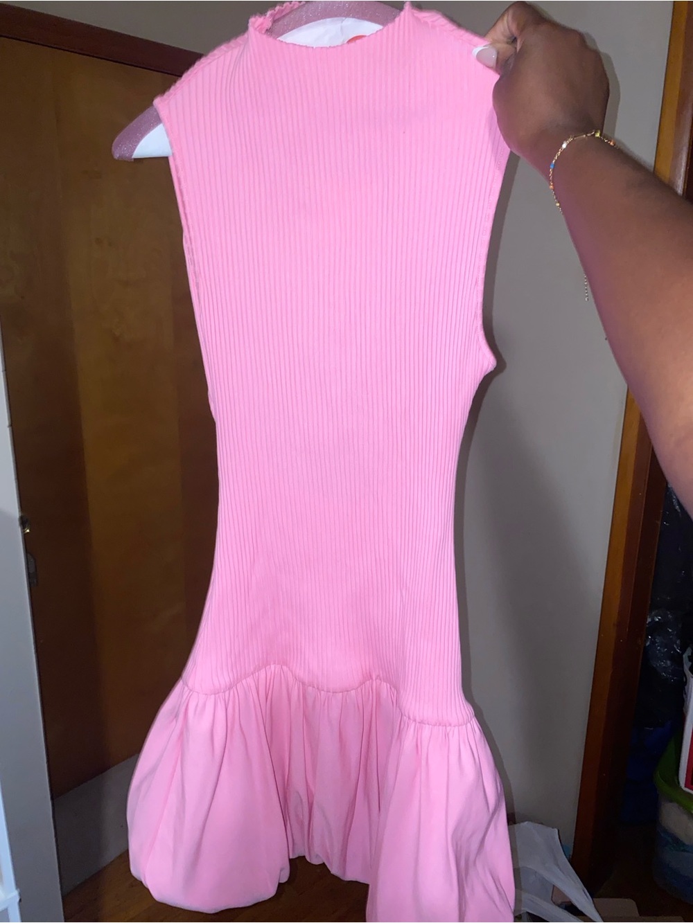 ZARA Pink Ribbed Tank Dress with Gathered Hem